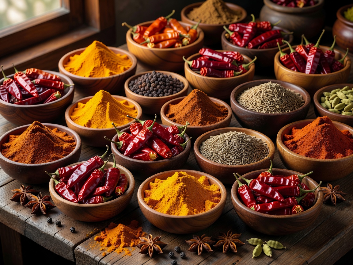 Assorted Asian spices and chilis in wooden bowls