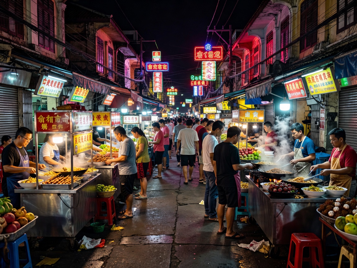 Bangkok Yaowarat Chinatown night market with street food stalls and neon lights