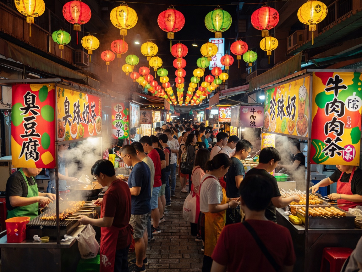 Bustling night market in Taipei illuminated with colorful lanterns and street food banners