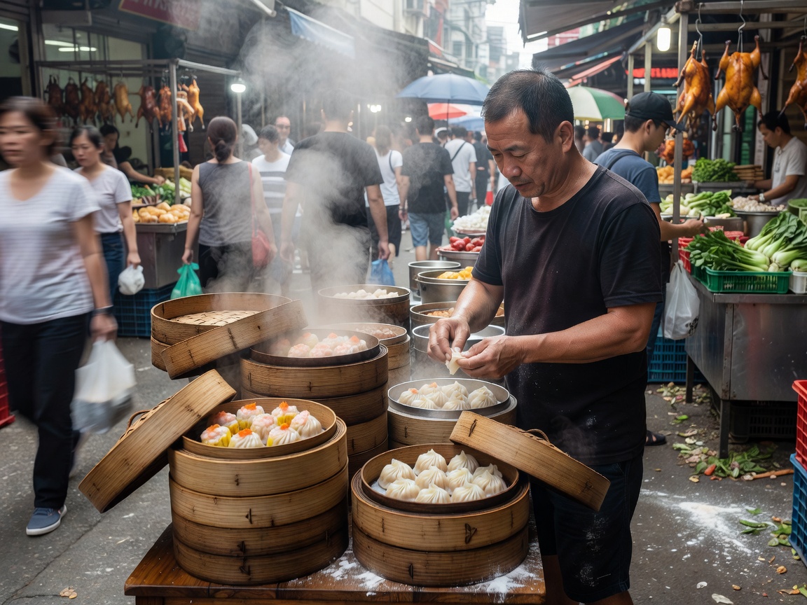 Bustling street vendor preparing fresh dim sum dumplings in steam baskets