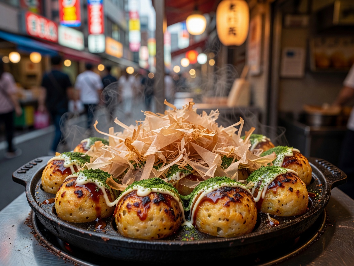 Freshly grilled Japanese takoyaki balls topped with bonito flakes in Osaka