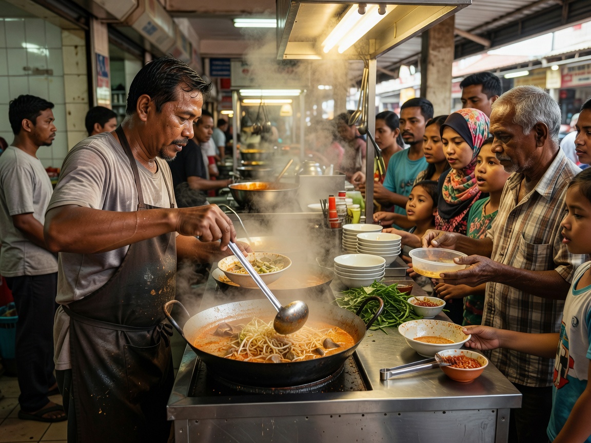 Hawker stall cook serving fresh hot food directly to customers