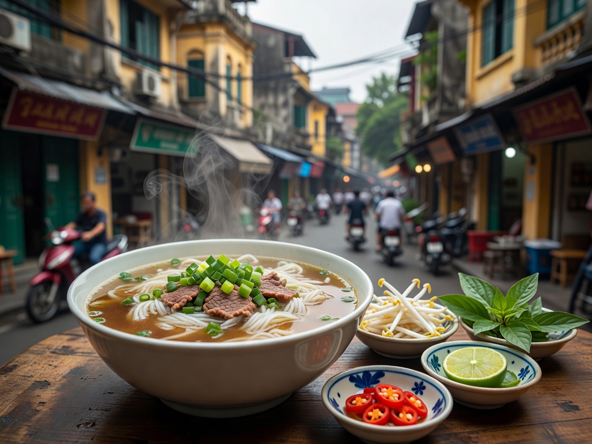 Hot bowl of Vietnamese Pho beef noodle soup with scallions in Hanoi Old Quarter