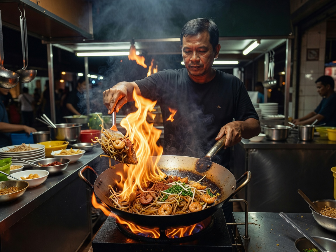 Penang Char Kway Teow wok fry street vendor cooking with fire