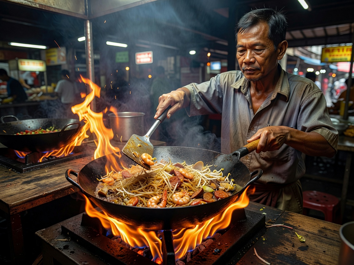 Penang hawker frying Char Kway Teow in a cast iron wok over high flame