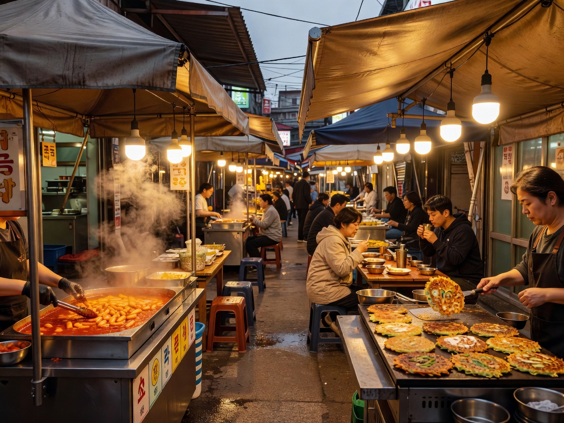 Seoul Gwangjang Market street food tents serving tteokbokki and pancakes