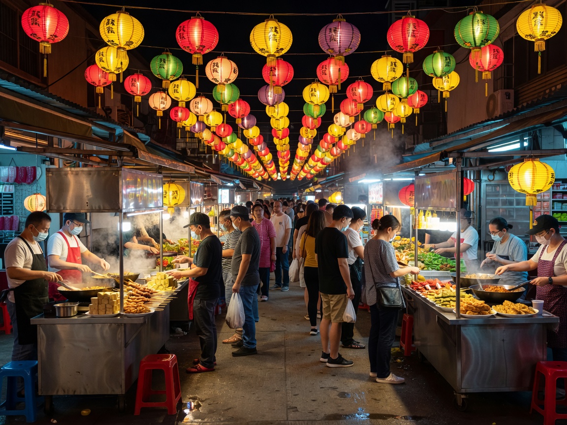 Shilin Night Market in Taipei with colorful lanterns and food vendor stalls