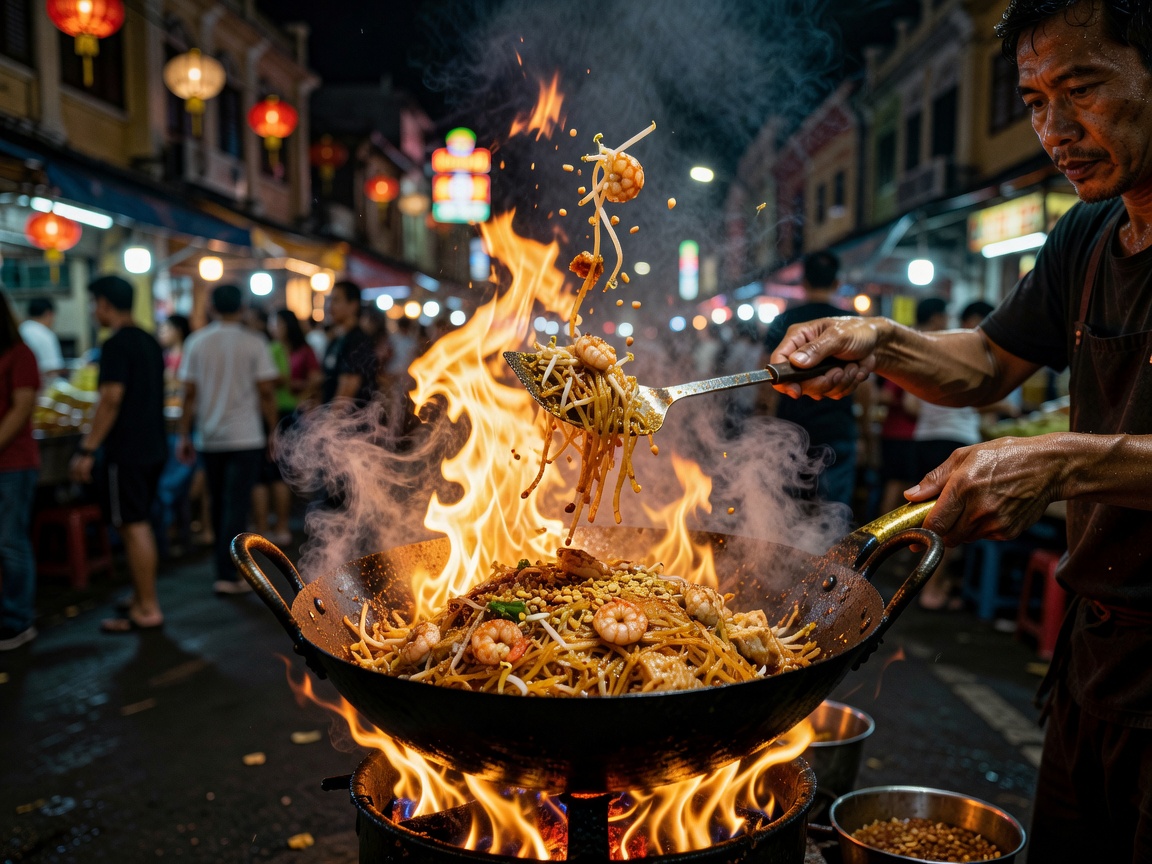 Sizzling Thai Pad Thai cooked over open wok fire in Yaowarat Bangkok Chinatown
