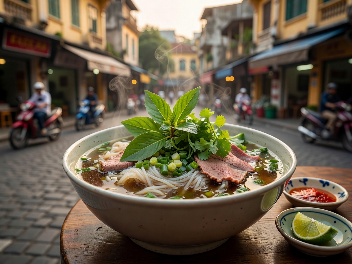 Traditional Vietnamese Pho bowl with fresh herbs and sliced beef in Hanoi