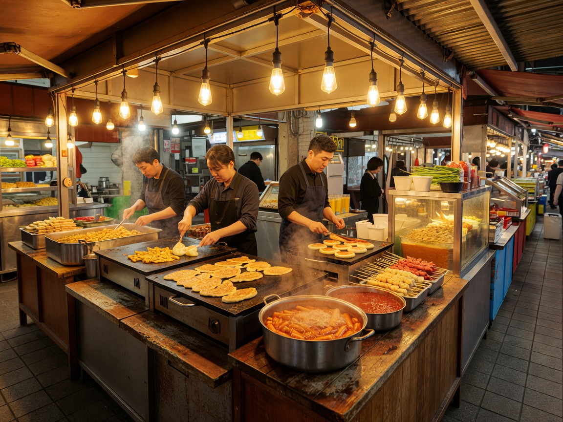 Warmly lit food stall at Gwangjang Market in Seoul serving Korean street snacks